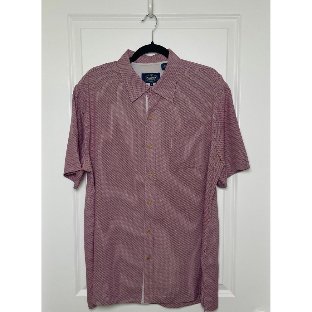 Nat Nast Luxury Originals Mens Large Silk‎ Shirt Red White Geometric Print Luxe